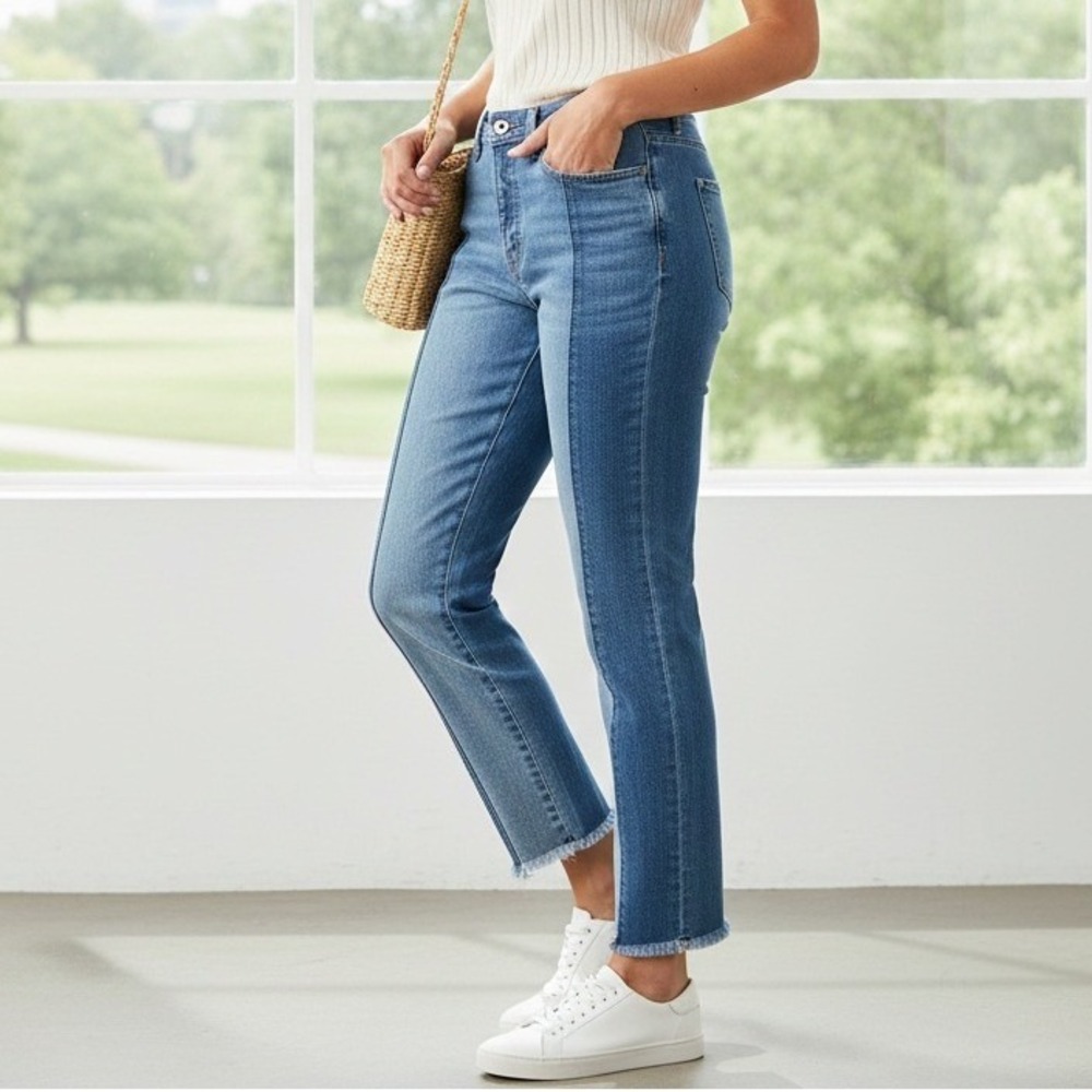 American Eagle Outfitters Vintage Hi Rise Colorblock Jeans Frayed Hem - Size 4 - Picture 1 of 11